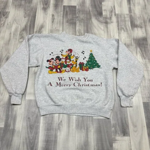 ✅VTG Mickey Minnie Mouse Pluto Goofy Donald Daffy Christmas Sweatshirt M *STAIN - Picture 1 of 13
